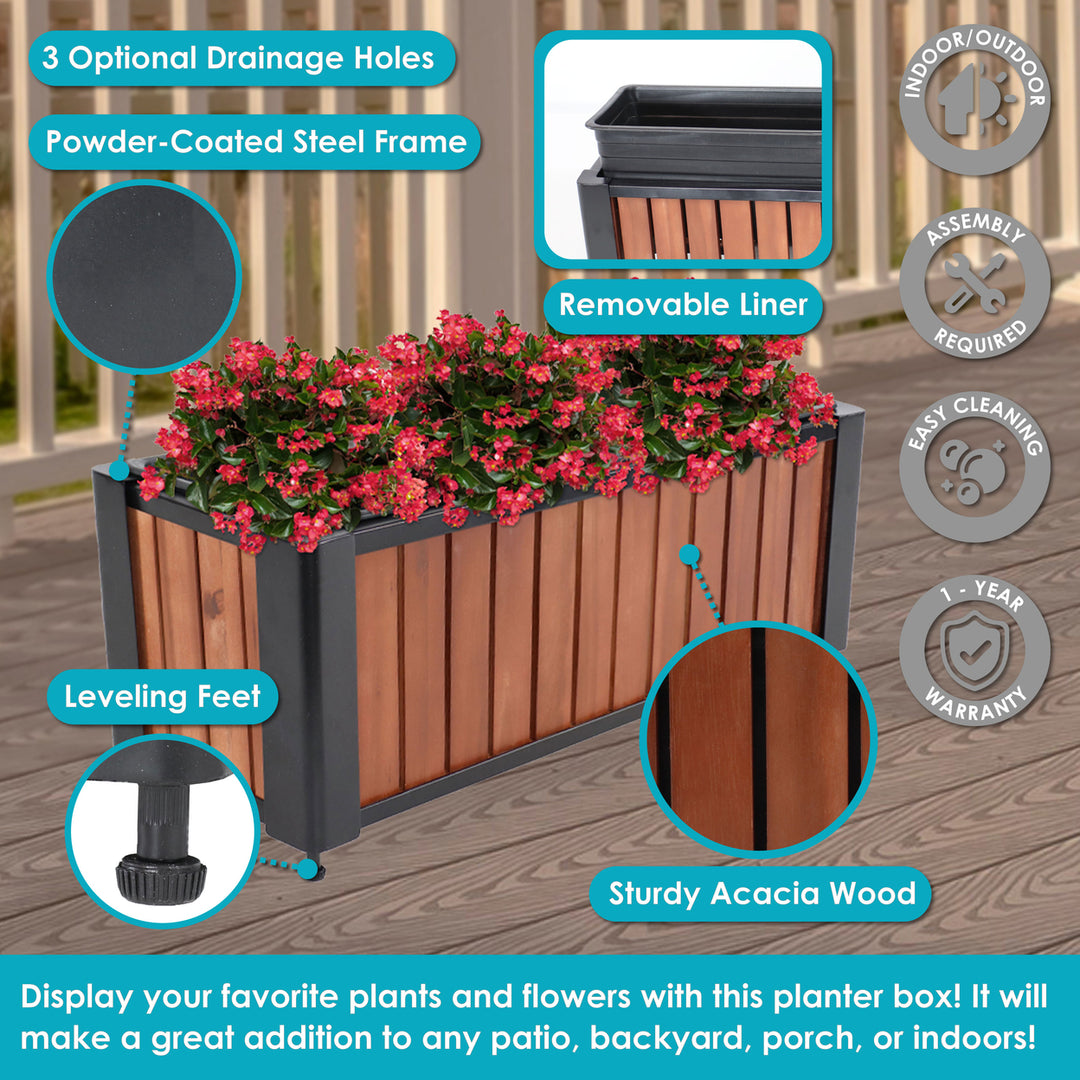 Sunnydaze Acacia Wood Slatted Planter Box with Removable Insert Image 2