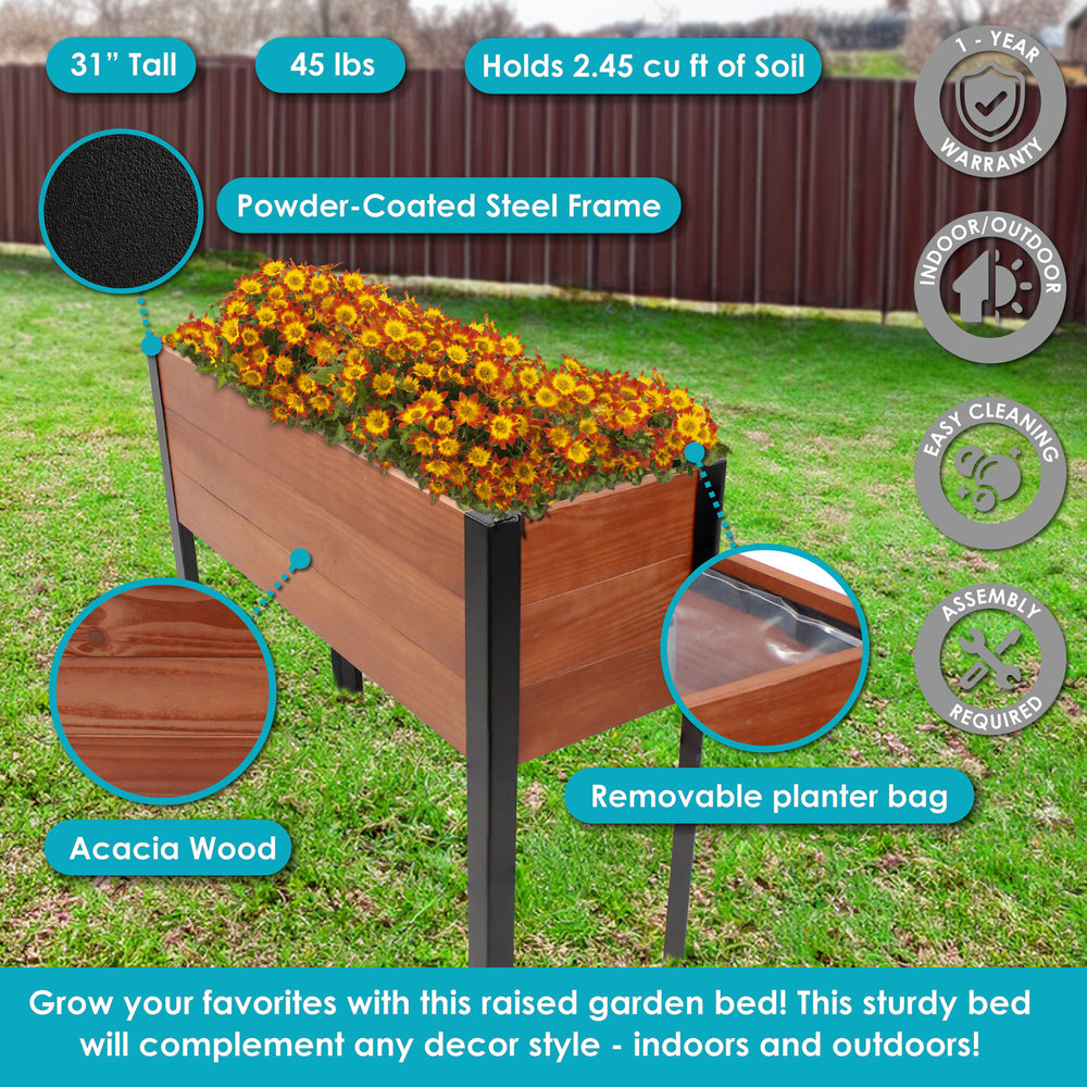 Sunnydaze Acacia Raised Garden Bed with Removable Planter - 31" H - Brown Image 2