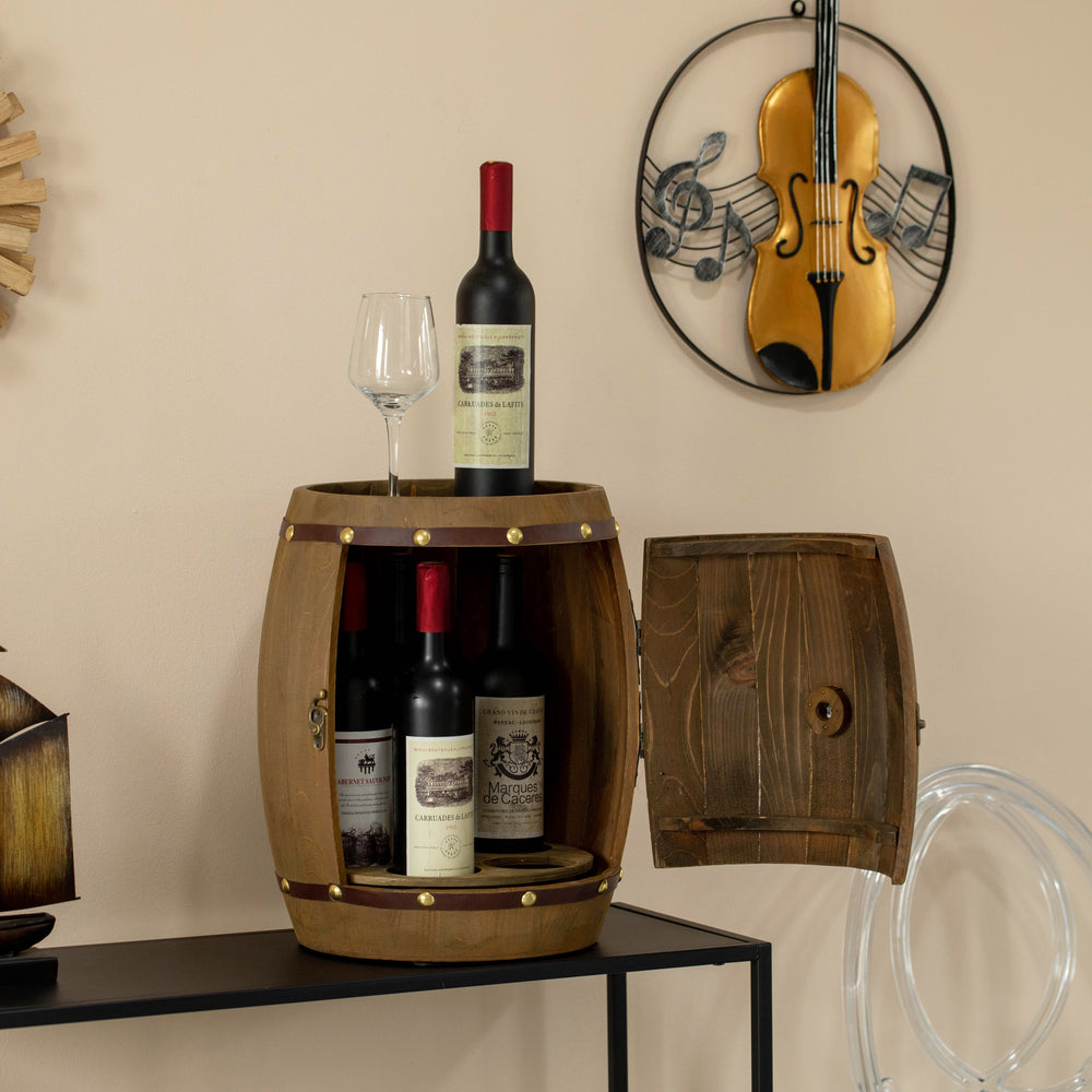 Vintage Wooden Barrel Wine Holder Rotating Turntable Rustic Home Bar Storage 5 Bottles Image 2