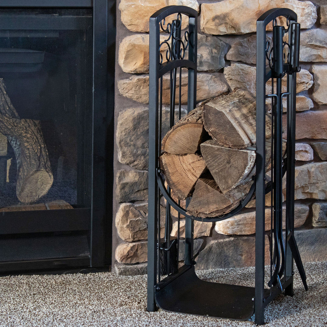 Sunnydaze Iron Filigree Firewood Log Rack with 4 Fireplace Tools Image 6