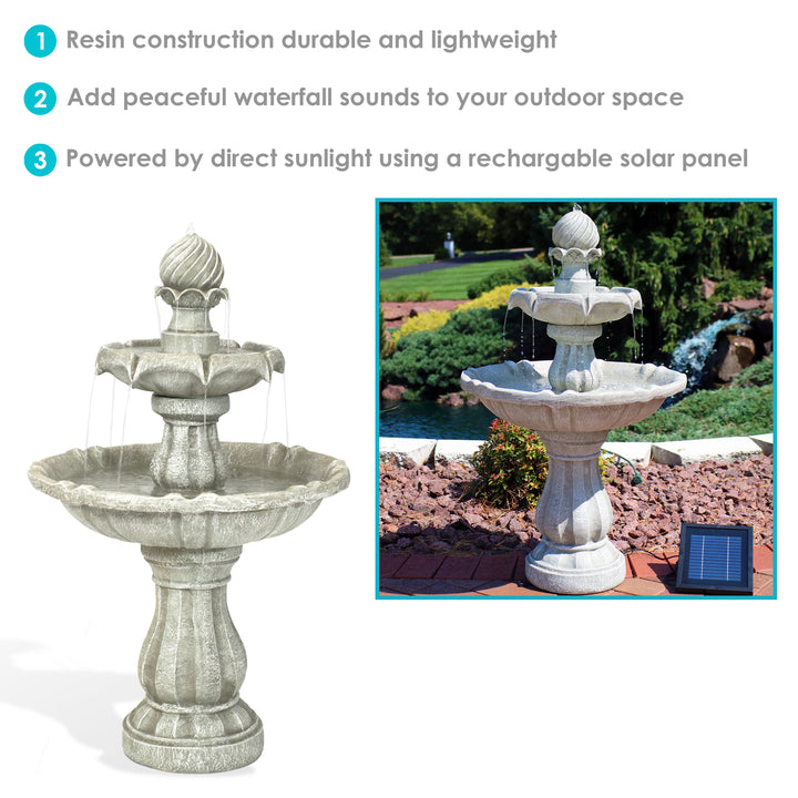 Sunnydaze Resin Outdoor 2-Tier Solar Water Fountain with Battery - White Image 3