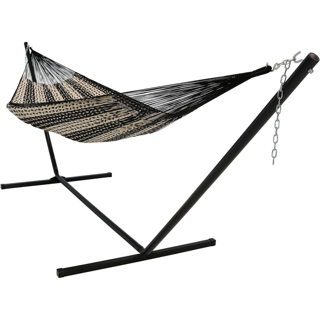 Sunnydaze 2-Person Cotton/Nylon Hammock with Steel Stand - Black/Natural Image 1