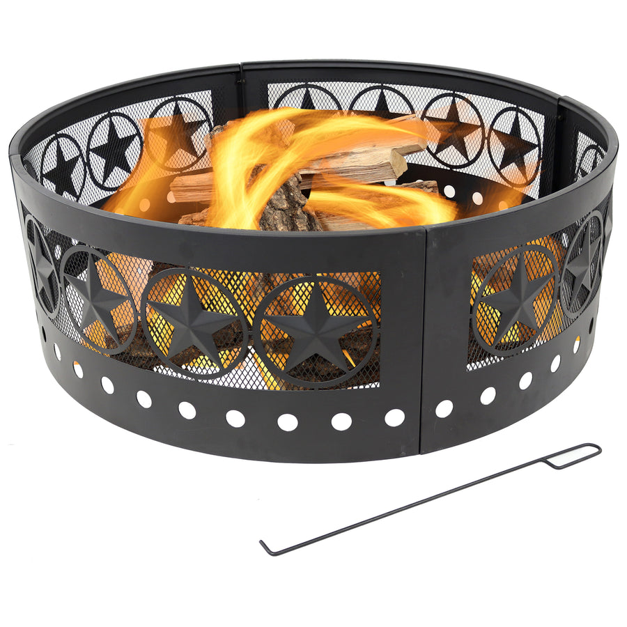 Sunnydaze 36 in Four-Star Cut-Out Wood Burning Fire Pit Ring with Poker Image 1