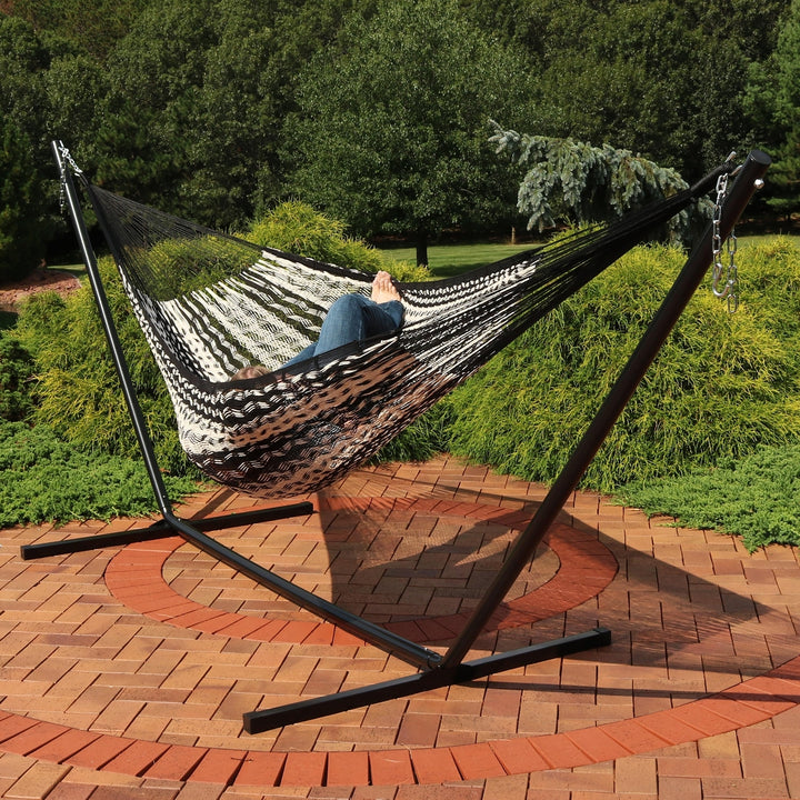 Sunnydaze 2-Person Cotton/Nylon Hammock with Steel Stand - Black/Natural Image 4