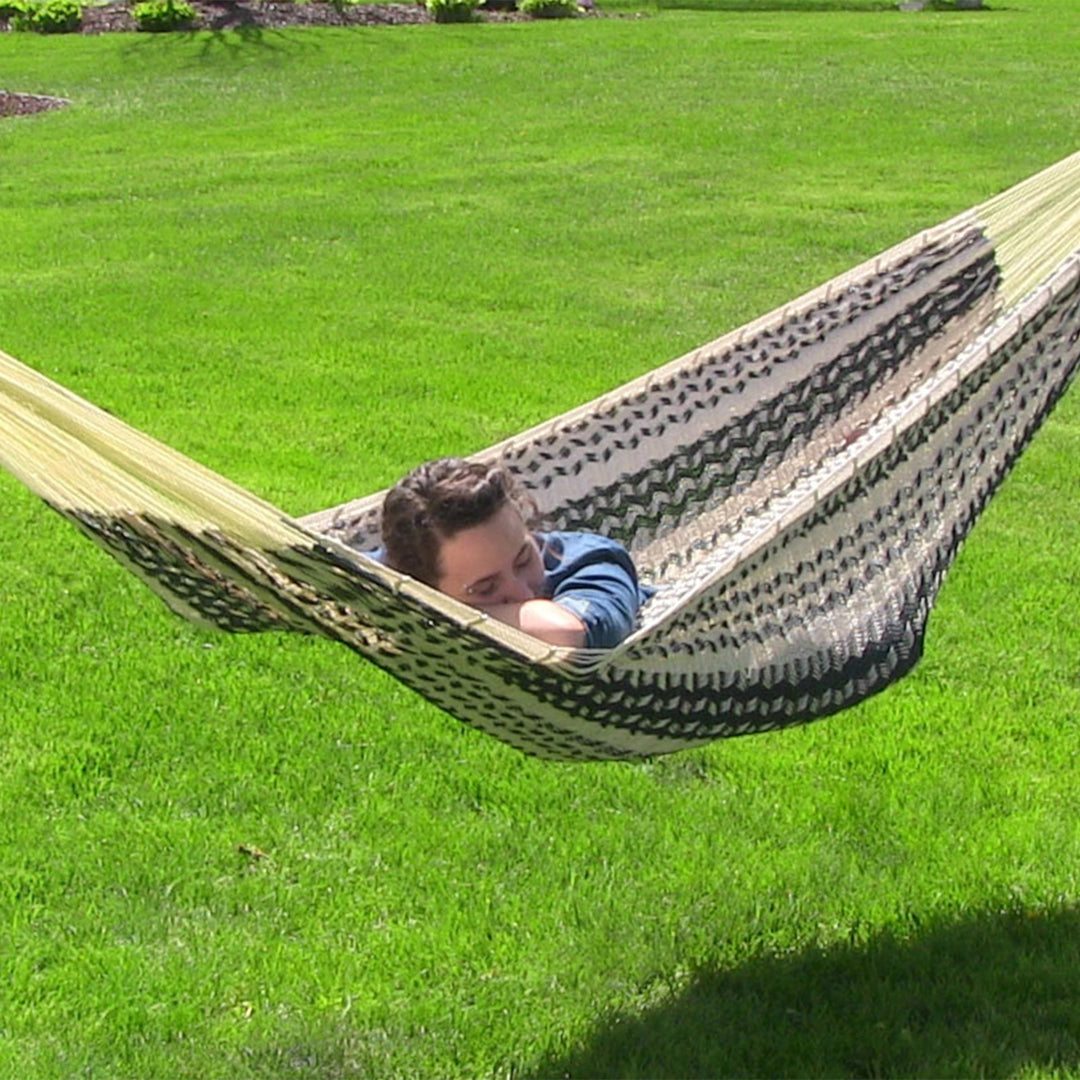 Sunnydaze 2-Person Cotton/Nylon Hammock with Steel Stand - Black/Natural Image 6