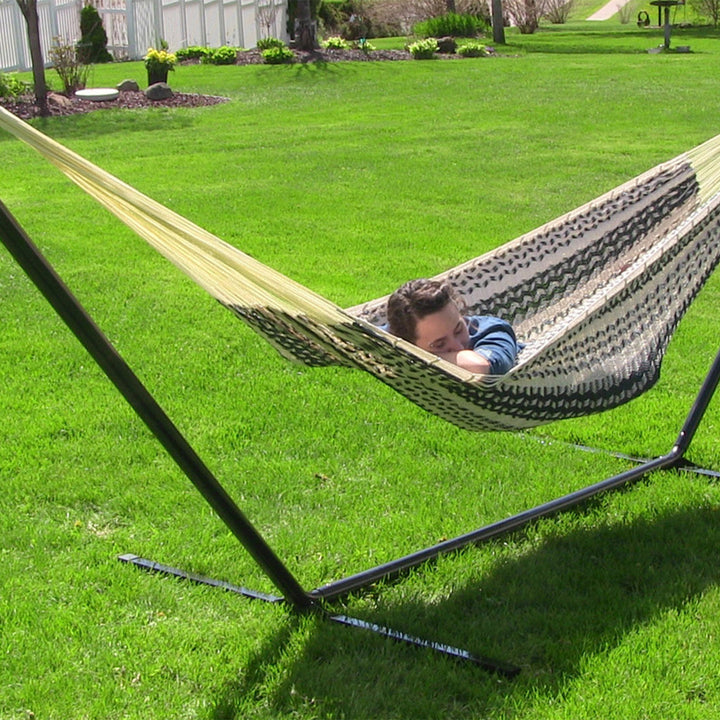 Sunnydaze 2-Person Cotton/Nylon Hammock with Steel Stand - Black/Natural Image 7