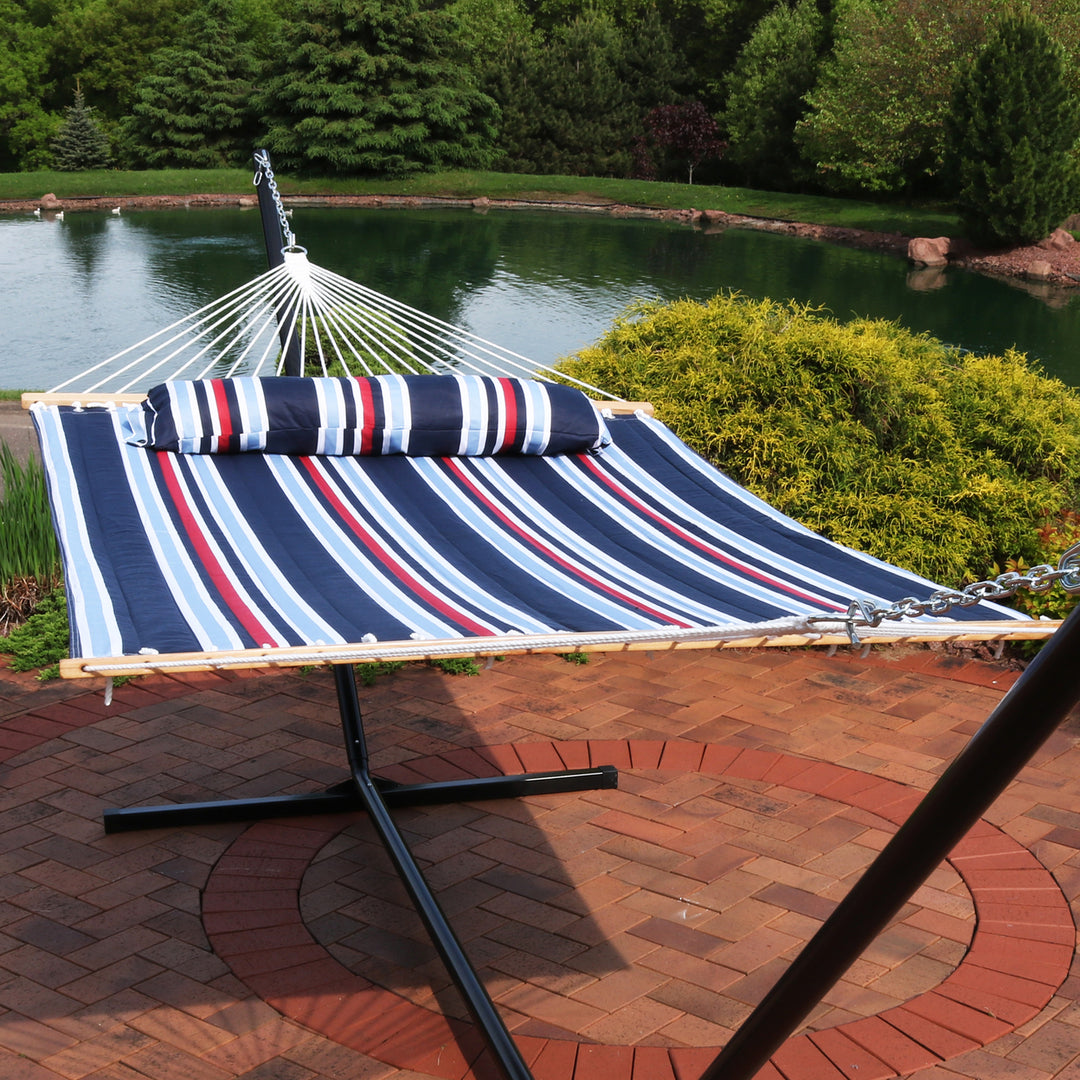 Sunnydaze Large Quilted Fabric Hammock with Spreader Bars - Nautical Stripe Image 5