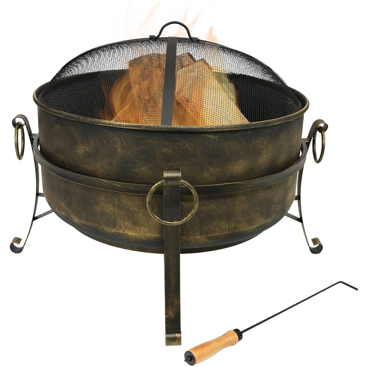 Sunnydaze 24 in Cauldron Steel Fire Pit with Spark Screen, Poker, and Grate Image 1