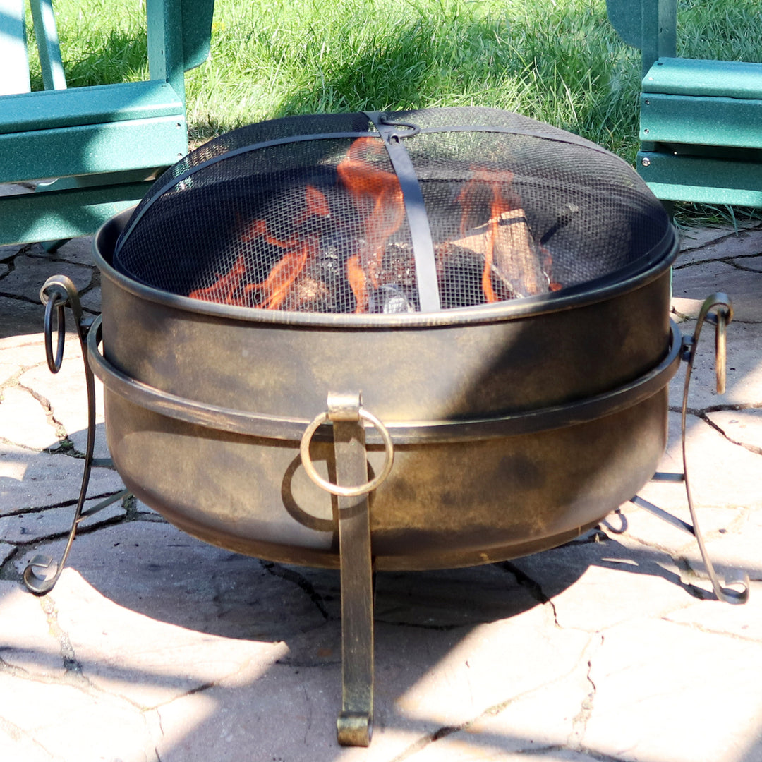 Sunnydaze 24 in Cauldron Steel Fire Pit with Spark Screen, Poker, and Grate Image 4