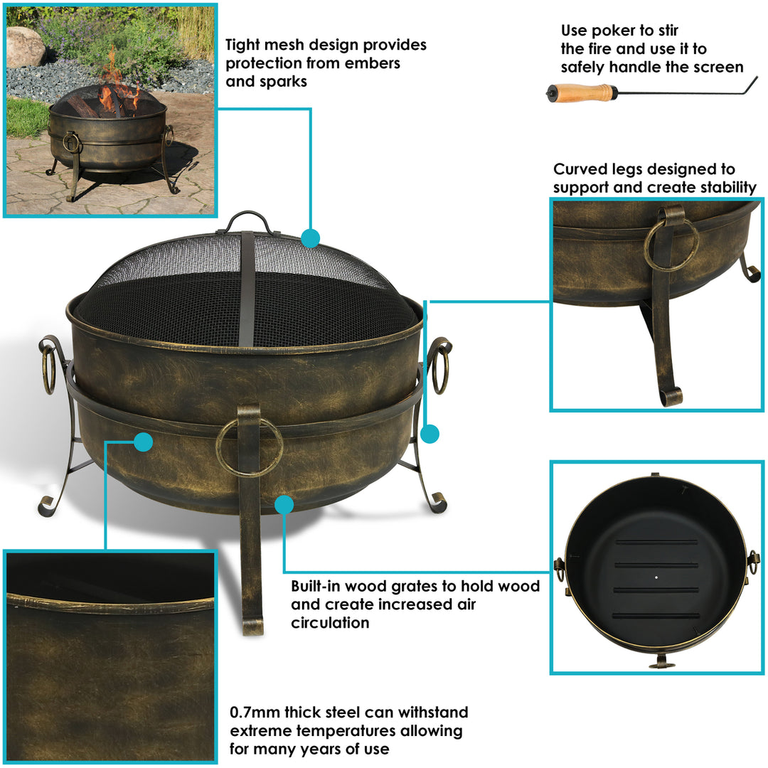 Sunnydaze 24 in Cauldron Steel Fire Pit with Spark Screen, Poker, and Grate Image 2