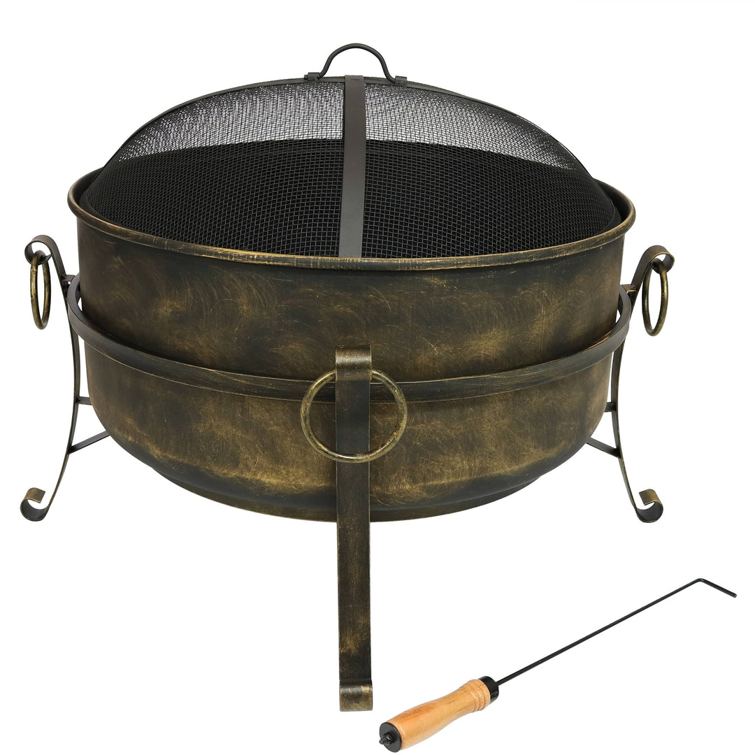 Sunnydaze 24 in Cauldron Steel Fire Pit with Spark Screen, Poker, and Grate Image 5