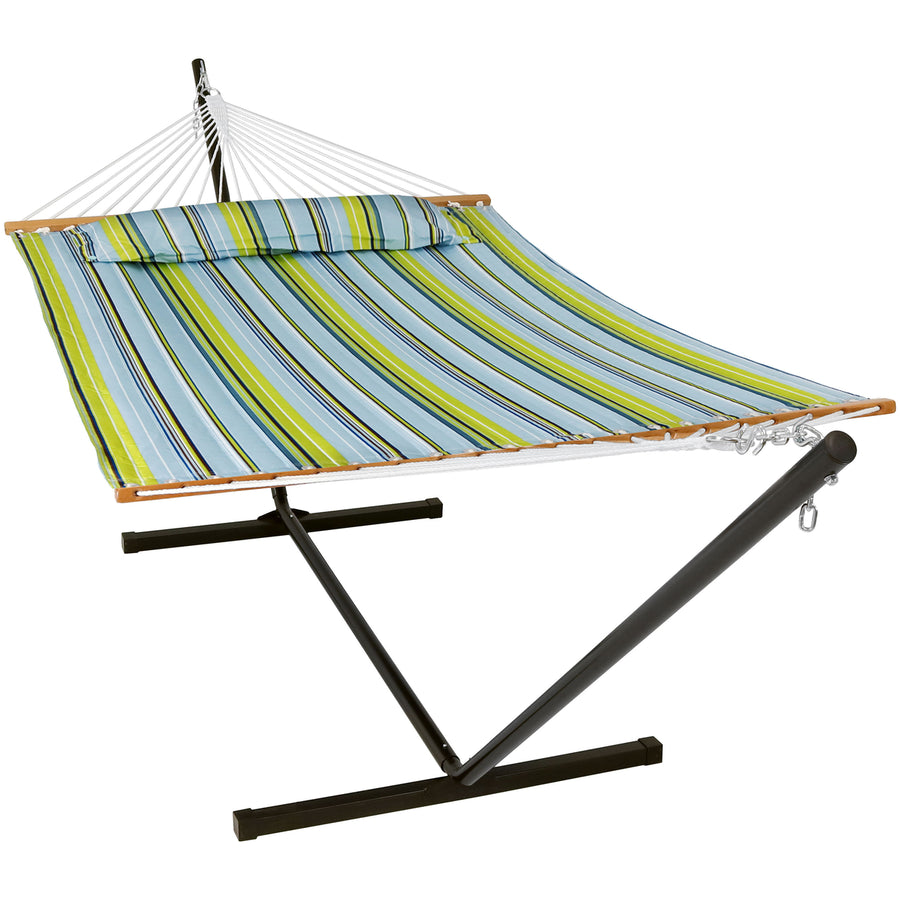 2-Person Quilted Fabric Hammock with Steel Stand - Blue/Green by Sunnydaze Image 1