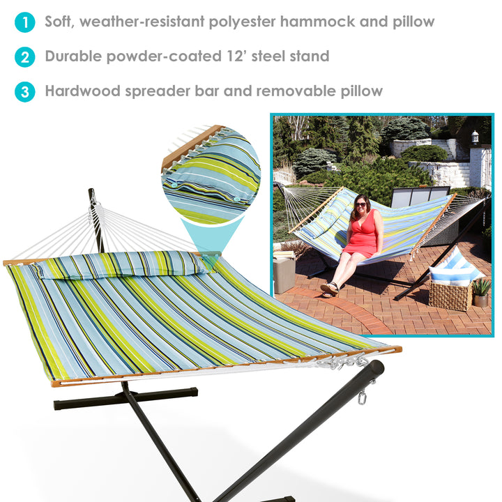 2-Person Quilted Fabric Hammock with Steel Stand - Blue/Green by Sunnydaze Image 4