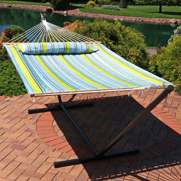 2-Person Quilted Fabric Hammock with Steel Stand - Blue/Green by Sunnydaze Image 7