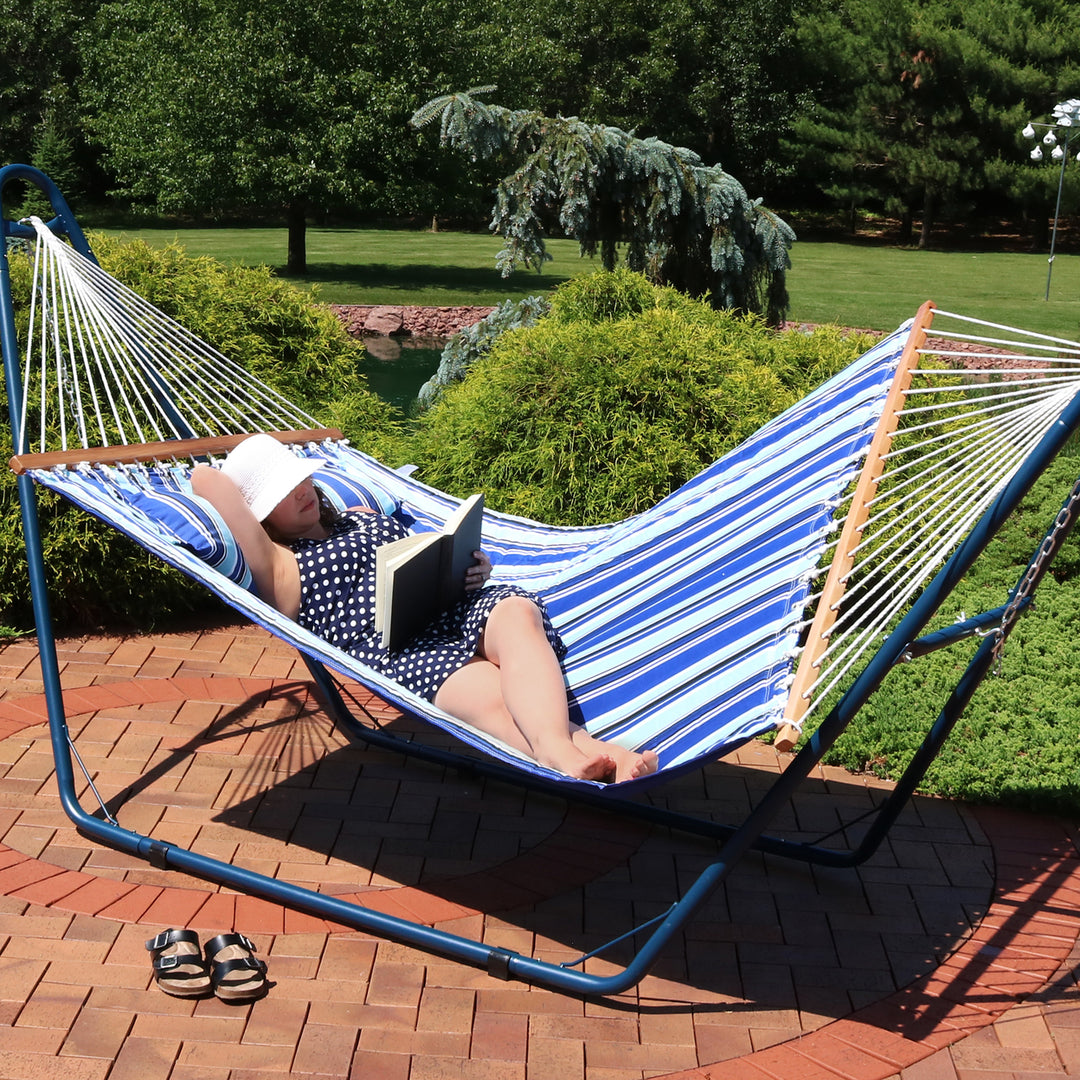 Sunnydaze Large Quilted Fabric Hammock with Spreader Bar and Pillow - Beach Image 8