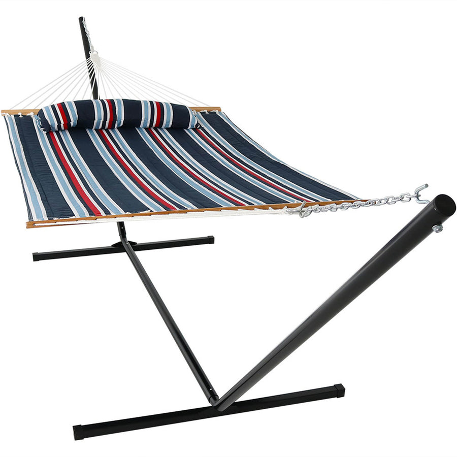Large Quilted Fabric Hammock with Steel Stand - Nautical Stripe by Sunnydaze Image 1