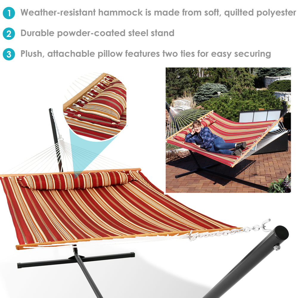 Sunnydaze 2-Person Quilted Fabric Hammock with 15 Stand and Pillow - Red Image 2