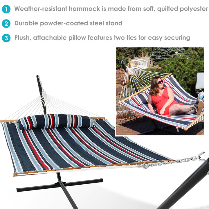 Large Quilted Fabric Hammock with Steel Stand - Nautical Stripe by Sunnydaze Image 4