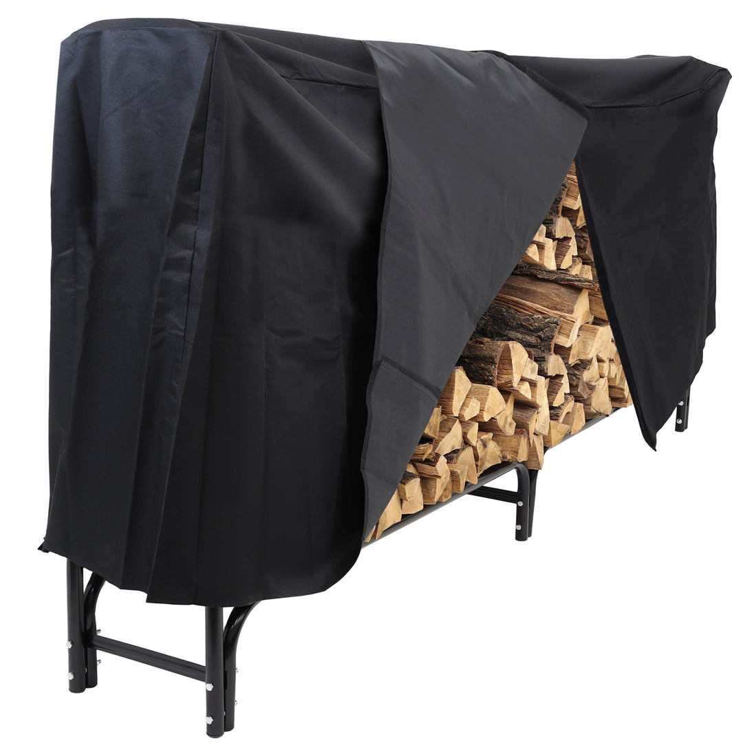 Sunnydaze 8 ft Powder-Coated Steel Firewood Log Rack and Black Cover Image 7