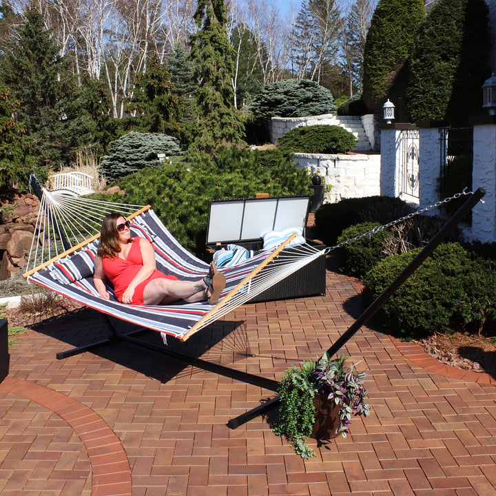 Large Quilted Fabric Hammock with Steel Stand - Nautical Stripe by Sunnydaze Image 7
