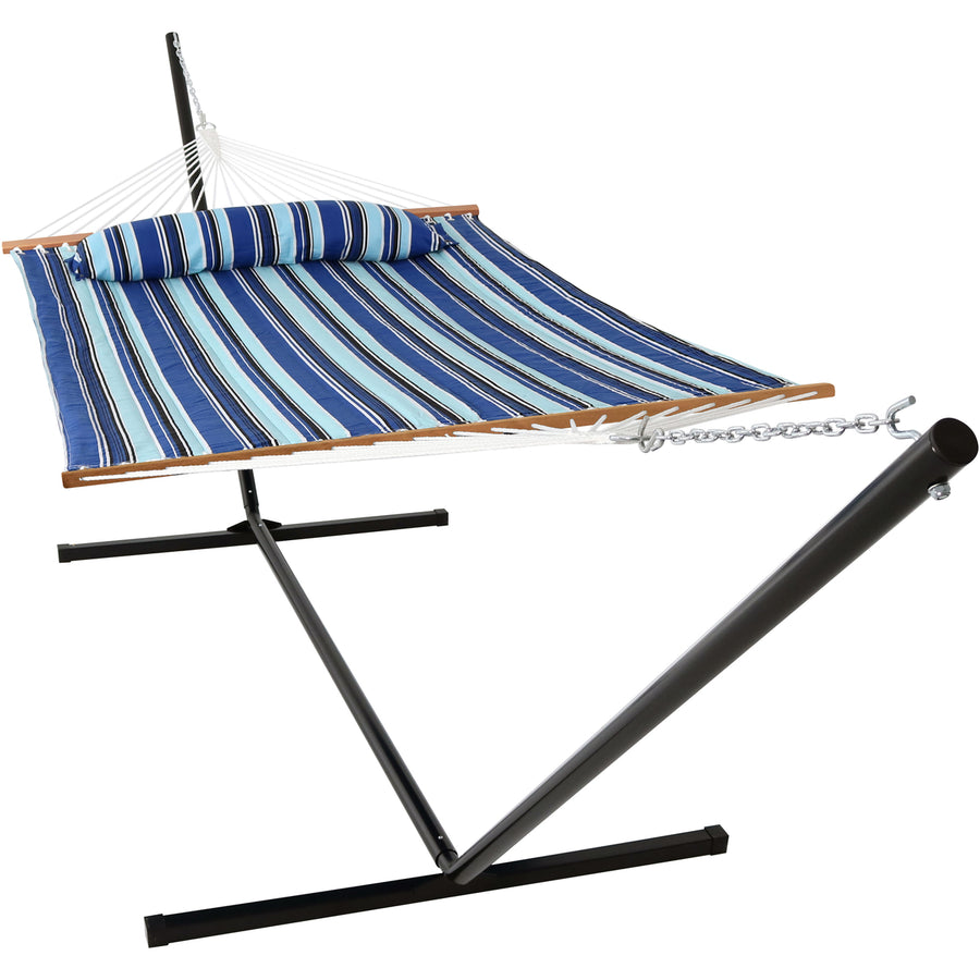 2-Person Quilted Fabric Hammock with Steel Stand - Catalina Beach by Sunnydaze Image 1
