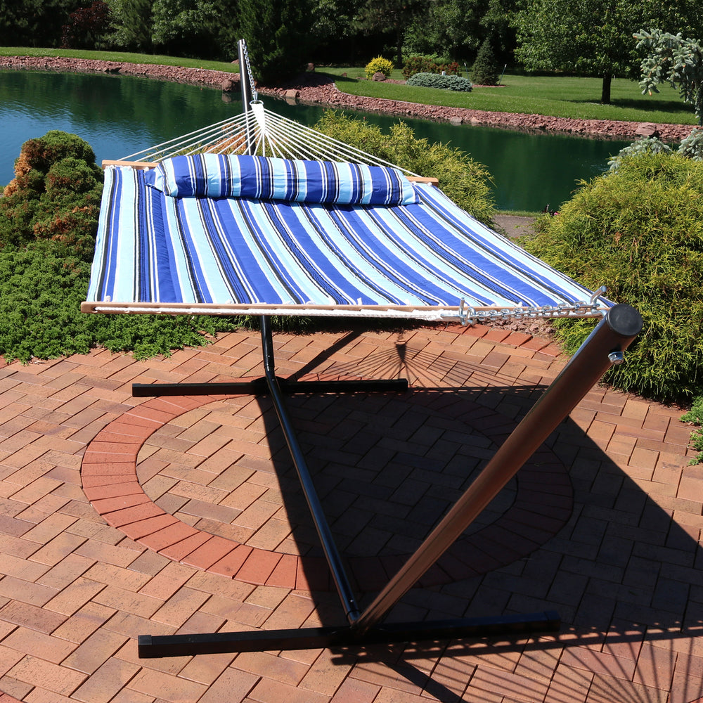 2-Person Quilted Fabric Hammock with Steel Stand - Catalina Beach by Sunnydaze Image 2