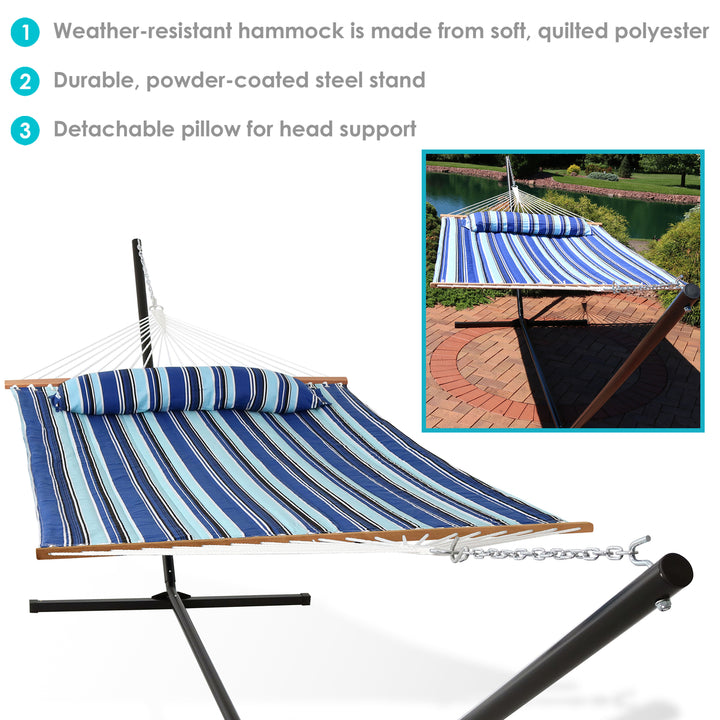 2-Person Quilted Fabric Hammock with Steel Stand - Catalina Beach by Sunnydaze Image 4