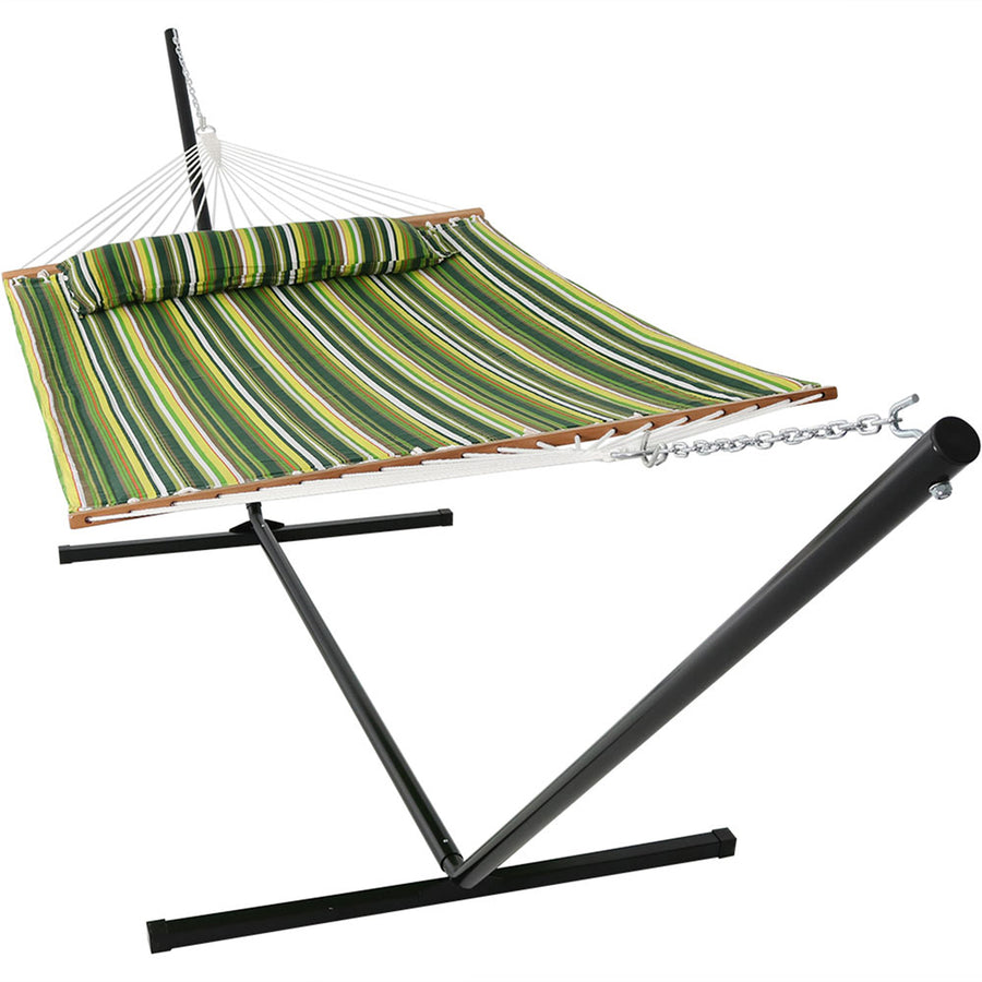 2-Person Quilted Fabric Hammock with Steel Stand - Melon Stripe by Sunnydaze Image 1