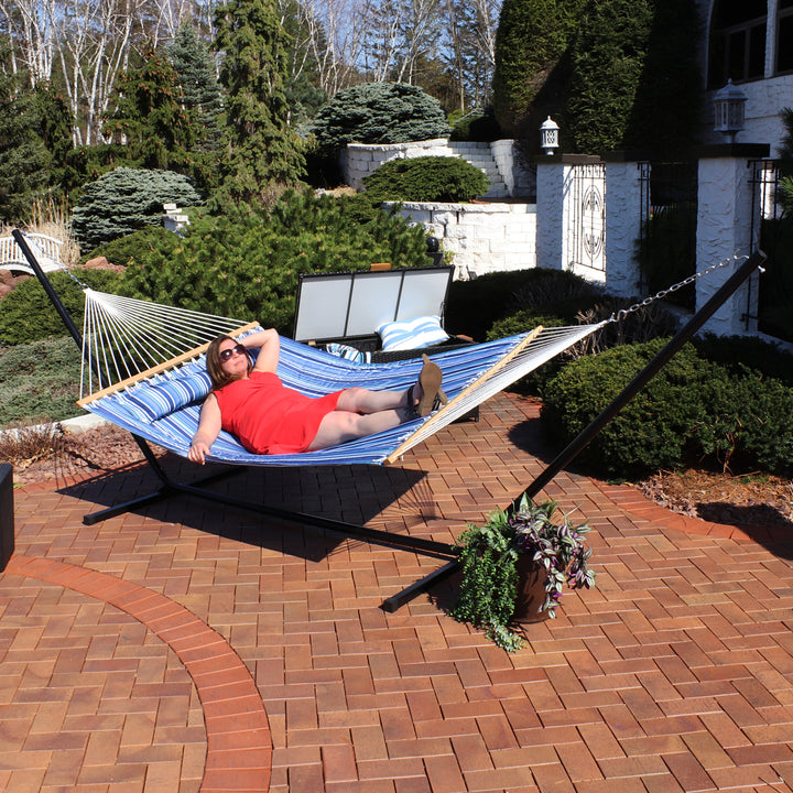 2-Person Quilted Fabric Hammock with Steel Stand - Catalina Beach by Sunnydaze Image 7