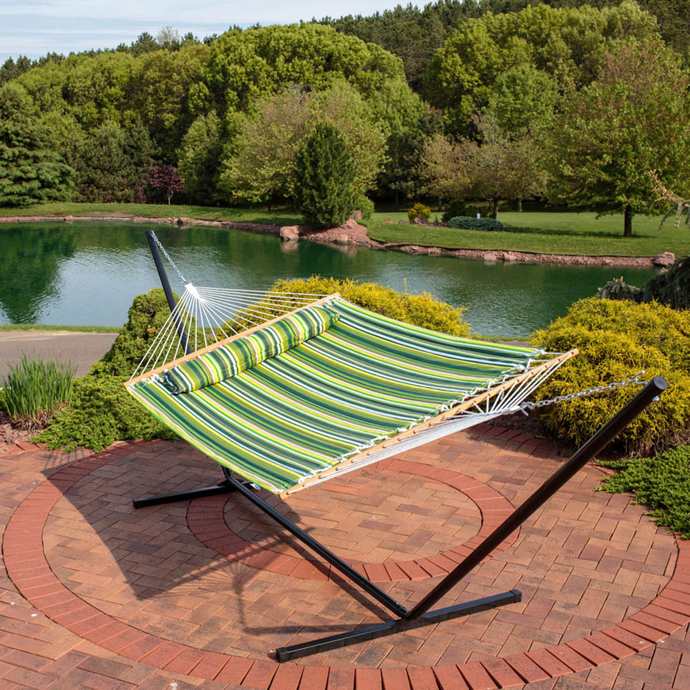 2-Person Quilted Fabric Hammock with Steel Stand - Melon Stripe by Sunnydaze Image 2