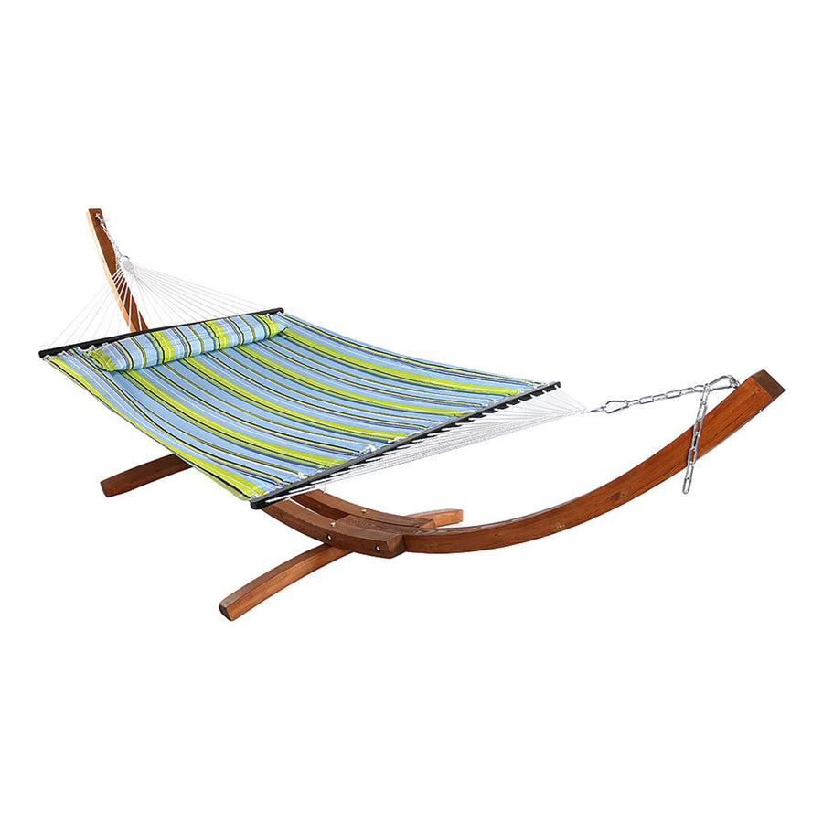 2-Person Quilted Hammock with Curved Wooden Stand - Blue/Green by Sunnydaze Image 1