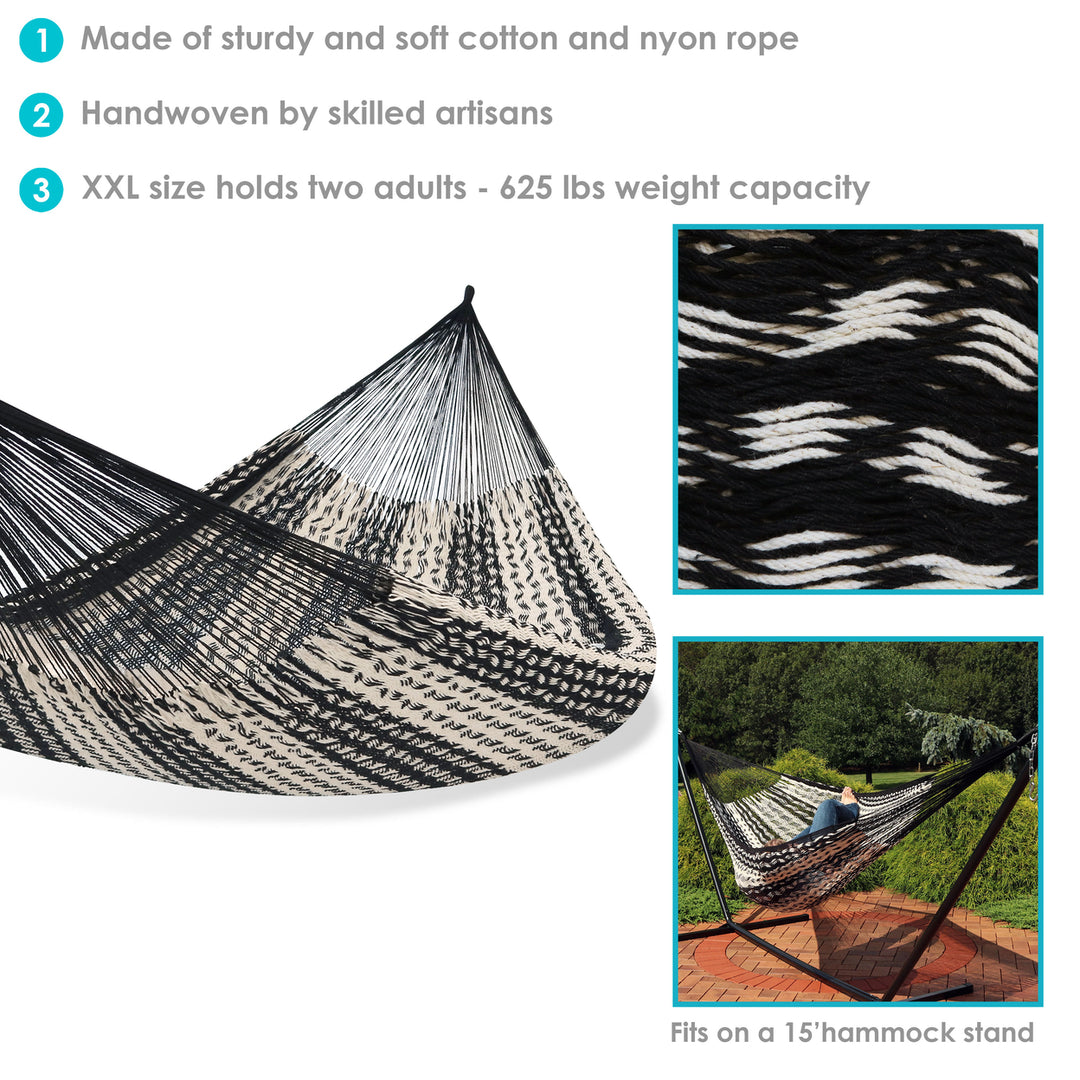 Sunnydaze 2-Person Cotton and Nylon Woven Fabric Hammock - Black and White Image 2