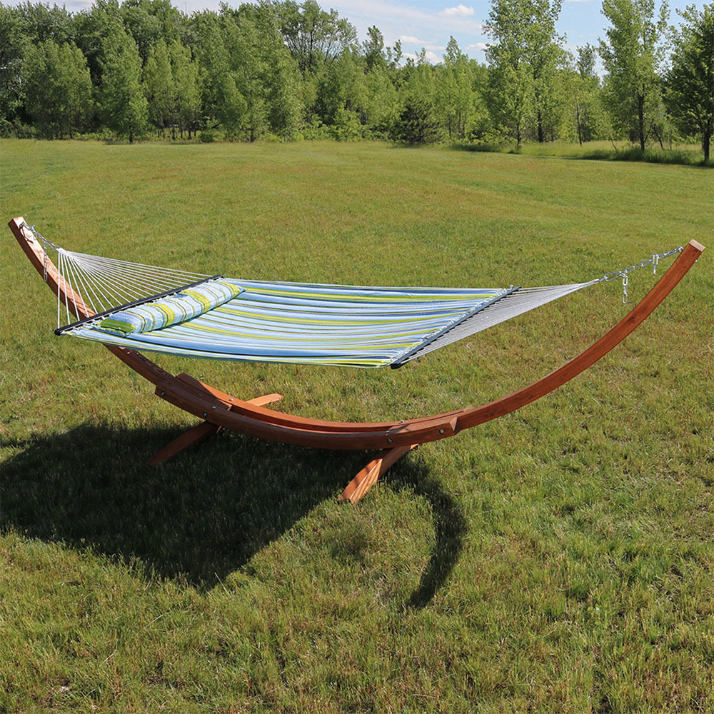 2-Person Quilted Hammock with Curved Wooden Stand - Blue/Green by Sunnydaze Image 2
