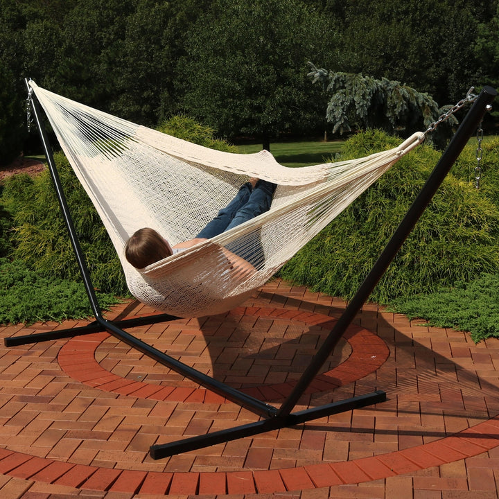 Sunnydaze 2-Person Woven Cotton/Nylon Hammock with Steel Stand - Natural Image 3