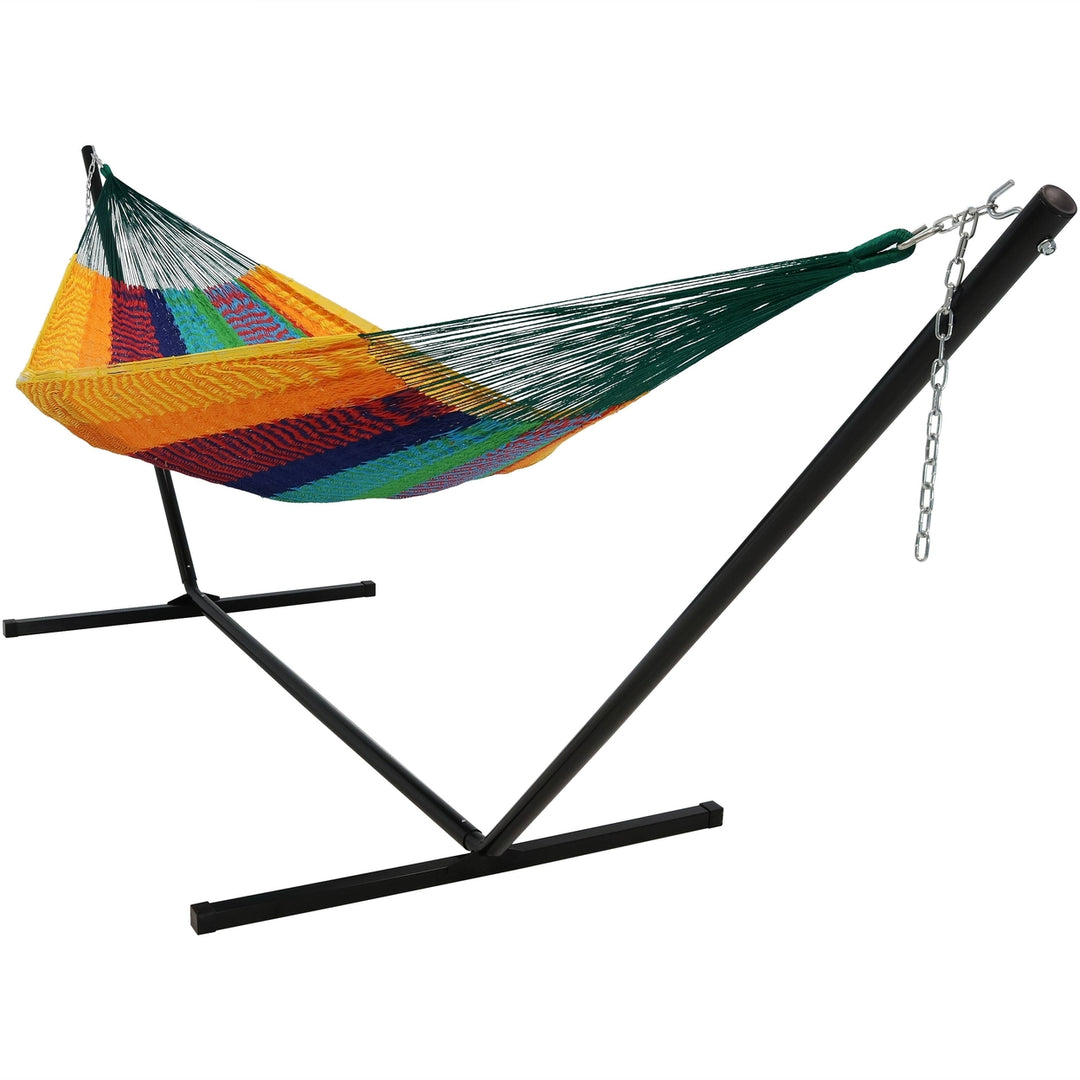 Sunnydaze 2-Person Cotton/Nylon Hammock with Steel Stand - Multi-Color Image 1