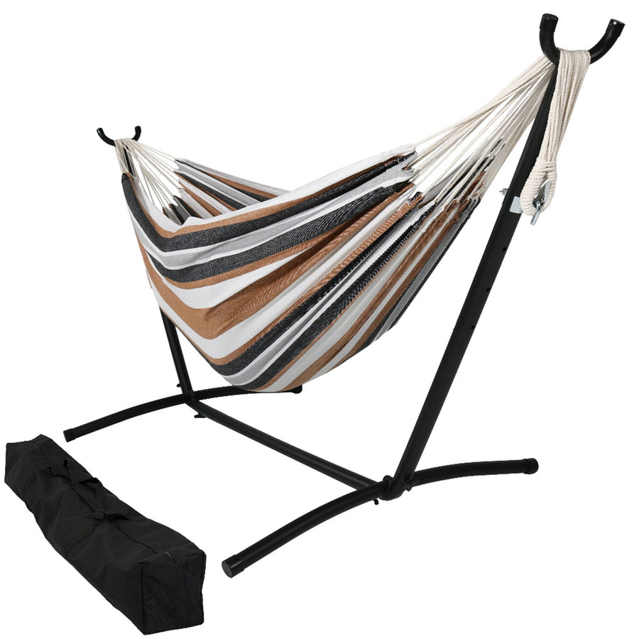 Sunnydaze Large Cotton Hammock with Steel Stand and Carrying Case - Desert Image 1