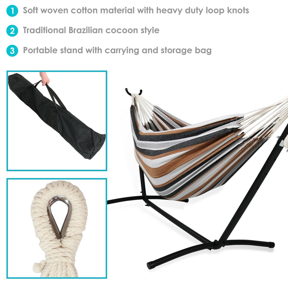 Sunnydaze Large Cotton Hammock with Steel Stand and Carrying Case - Desert Image 2