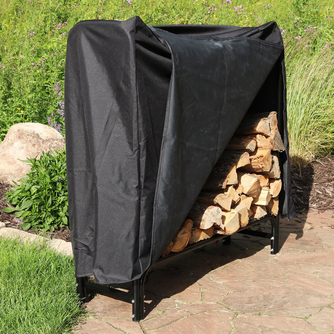 Sunnydaze 4 ft Powder-Coated Steel Firewood Log Rack with Black Cover Image 4