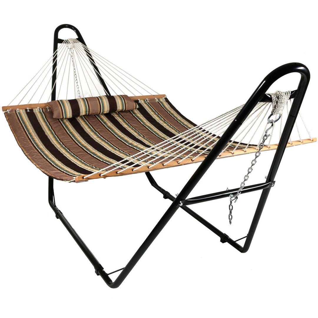 Sunnydaze 2-Person Quilted Hammock with Universal Steel Stand - Sandy Beach Image 1