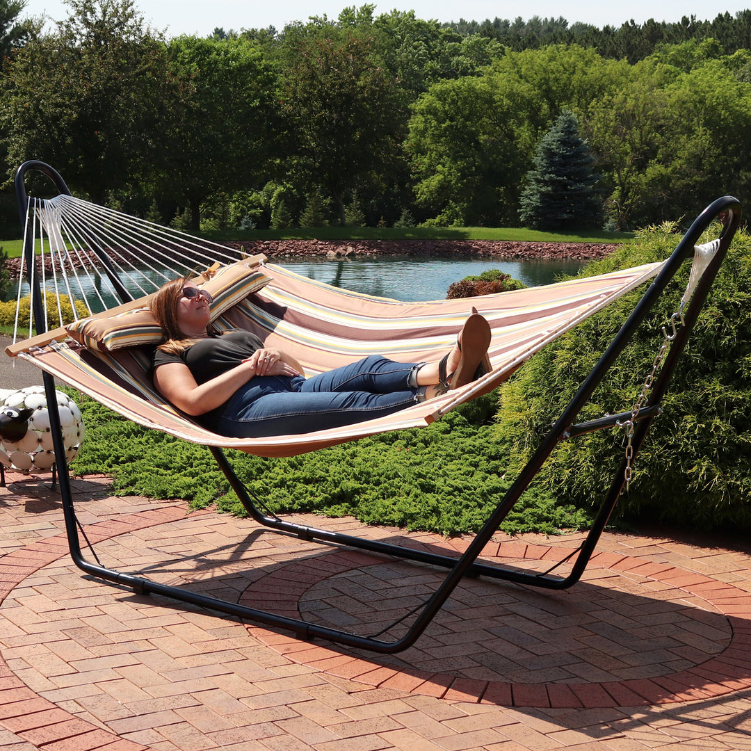 Sunnydaze 2-Person Quilted Hammock with Universal Steel Stand - Sandy Beach Image 12