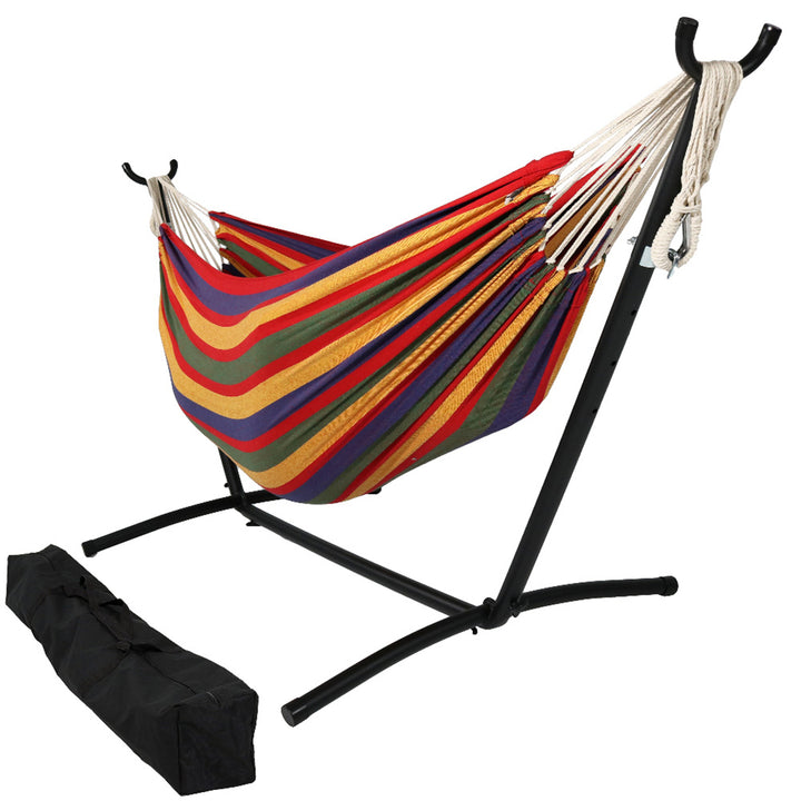 Sunnydaze Large Cotton Hammock with Steel Stand and Carrying Case - Tropics Image 1