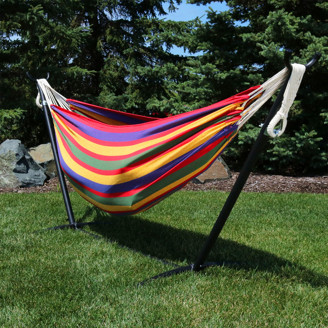 Sunnydaze Large Cotton Hammock with Steel Stand and Carrying Case - Tropics Image 4