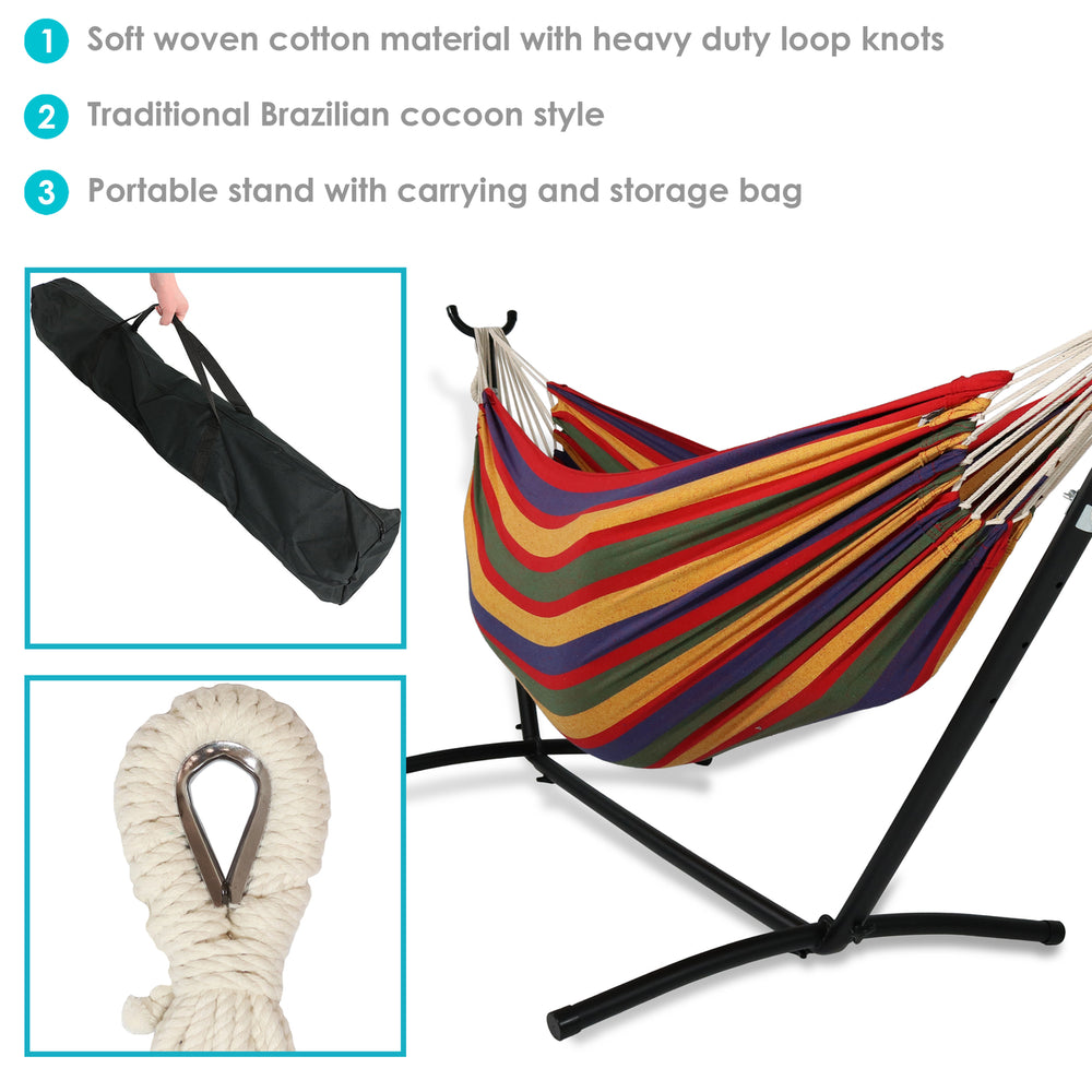 Sunnydaze Large Cotton Hammock with Steel Stand and Carrying Case - Tropics Image 2