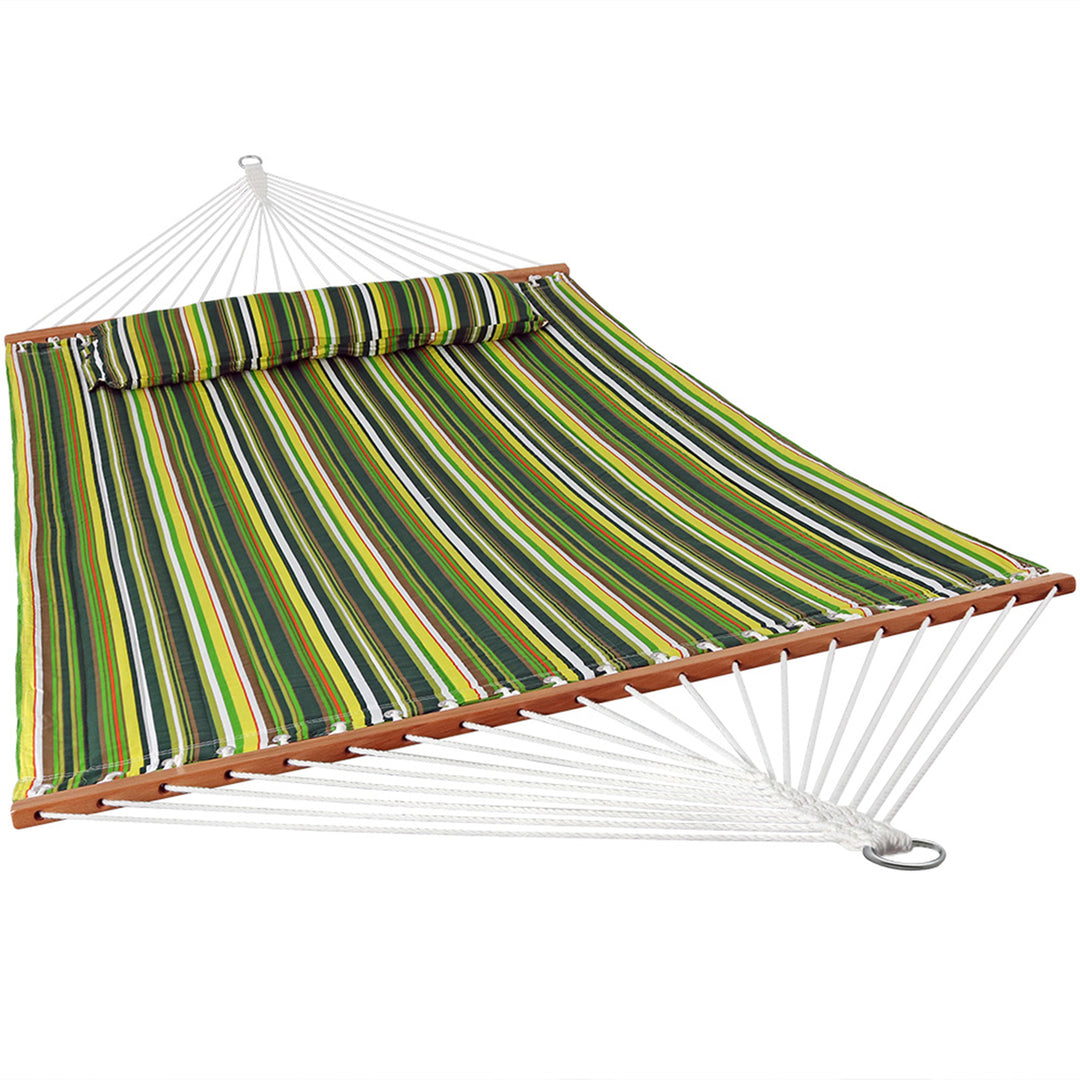 Sunnydaze Large Quilted Hammock with Spreader Bar and Pillow - Melon Stripe Image 1