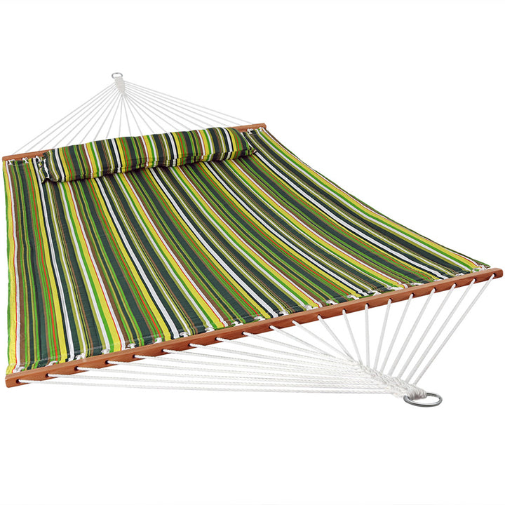 Sunnydaze Large Quilted Hammock with Spreader Bar and Pillow - Melon Stripe Image 1