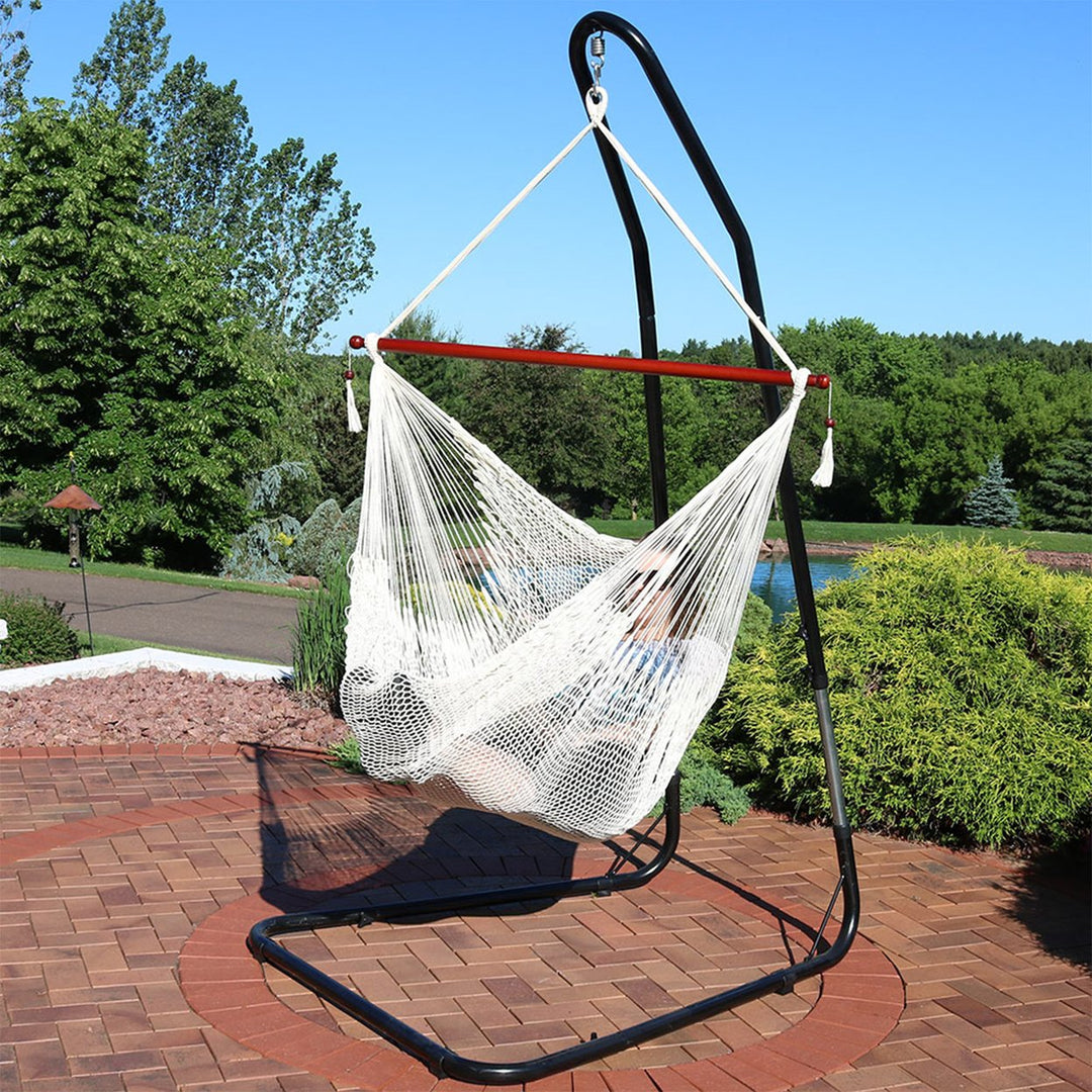 Sunnydaze Extra Large Rope Hammock Chair with Adjustable Stand - Cream Image 8