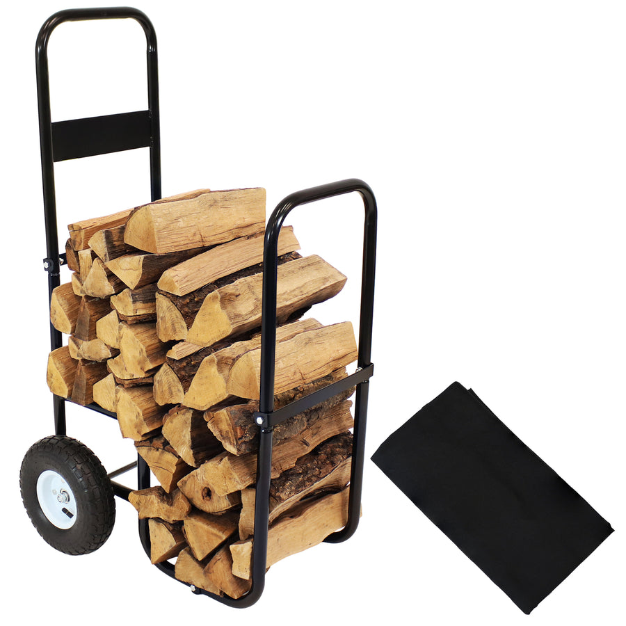 Sunnydaze Steel Log Cart Carrier and Storage Rack with Wheels and Cover Image 1