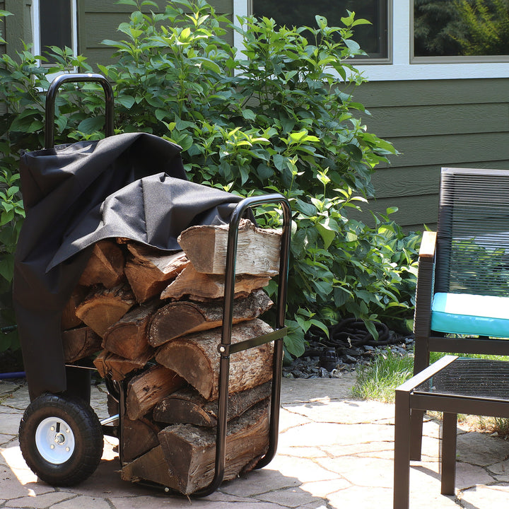 Sunnydaze Steel Log Cart Carrier and Storage Rack with Wheels and Cover Image 2