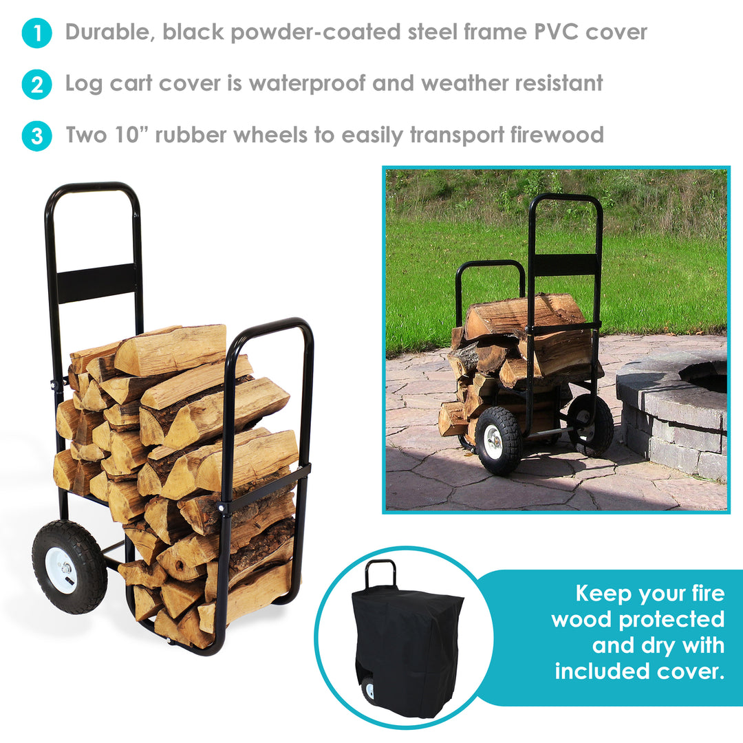 Sunnydaze Steel Log Cart Carrier and Storage Rack with Wheels and Cover Image 4