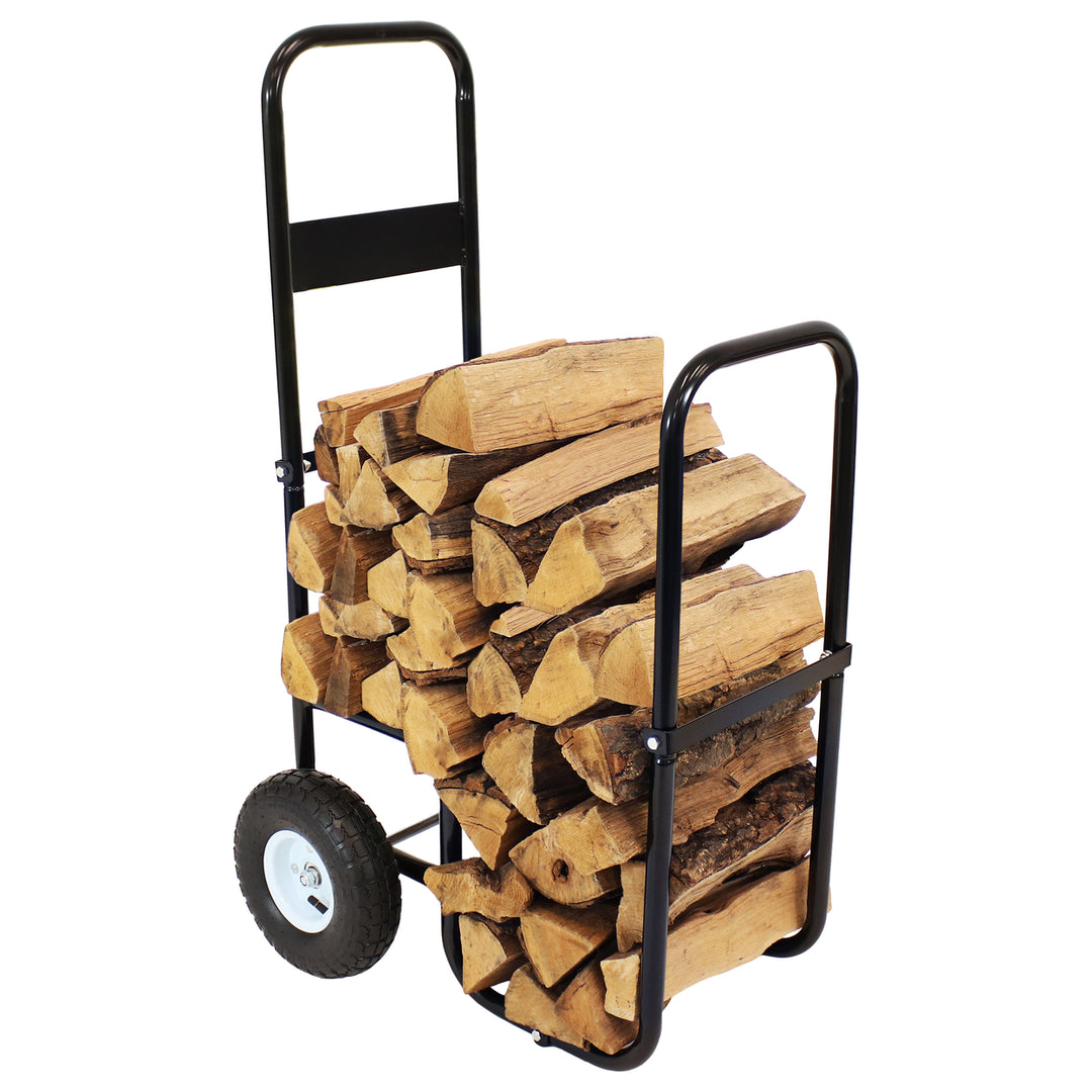 Sunnydaze Steel Log Cart Carrier and Storage Rack with Wheels and Cover Image 6